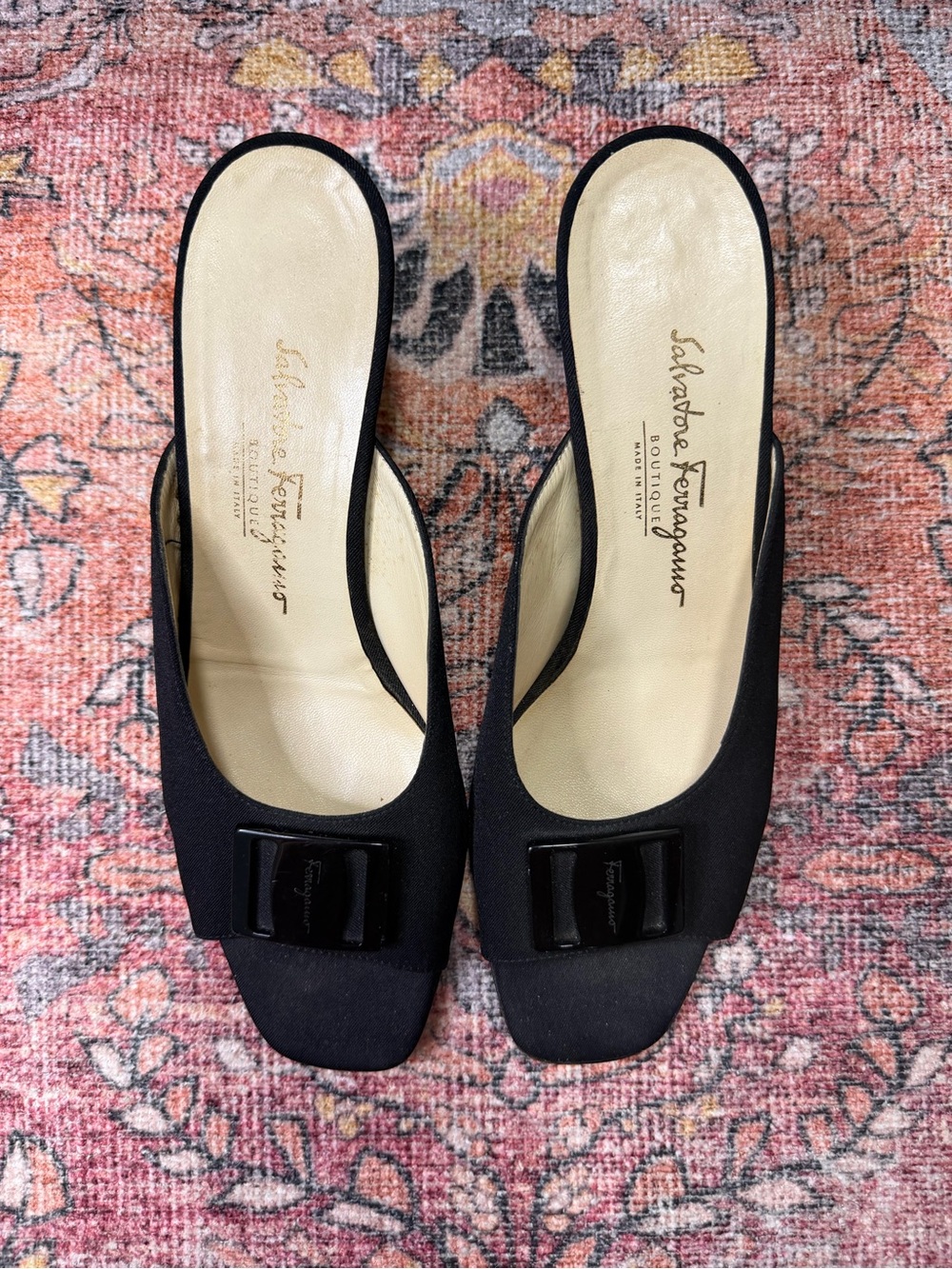 Vintage Salvatore Ferragamo Logo Black Square Toe Block Heel Slip On Mule
